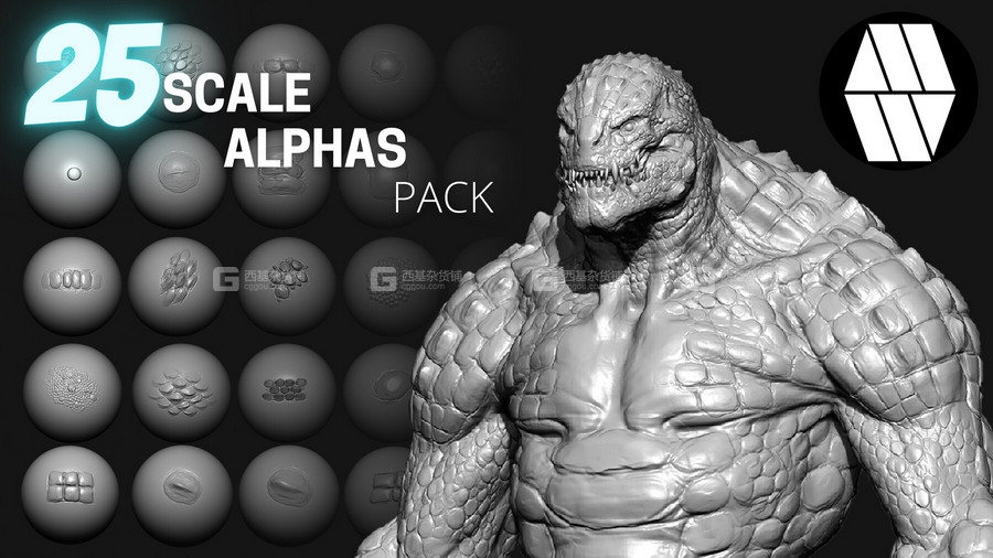 爬行动画皮肤深度贴图素材 25 Scale Alphas – Custom made Reptile Alphas to use in ZBrush_00005.jpg