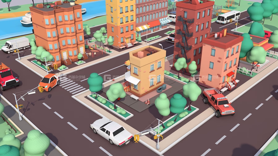 低多边形卡通楼房场景3D模型 CGTrader – Cartoon Low Poly American Dream City Pack (C4DMAXOBJFBX格式)_23.avif